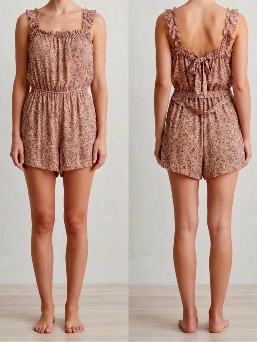 Trixxi Rose-Taupe Floral Ruffle-Shoulder Romper